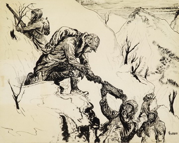 Untitled (Marines climb up a mountain in the snow; One helps another)