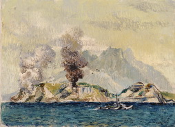 Untitled, Navy Boat on Ocean with Mountains