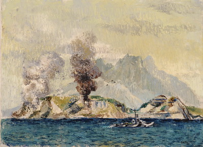 Untitled, Navy Boat on Ocean with Mountains in Distance