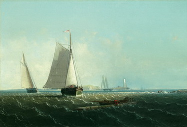 Sloops Near Shore, Lighthouse in Background