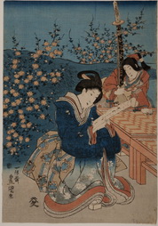 Seated Geisha Reading Amid Peach Blossoms and Geisha with Sword