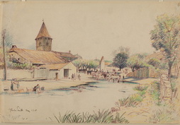 Stream Through Village With Horses