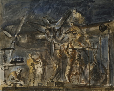 Men Repairing Airplane at Night