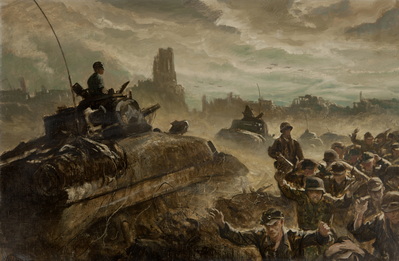 Sherman Tanks Passing Stream of German Prisoners