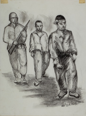U.S. Soldier Guarding Two Japanese POWs