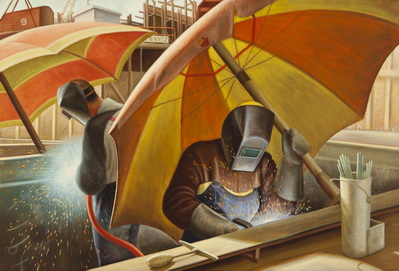 Calship Welders Under Umbrellas