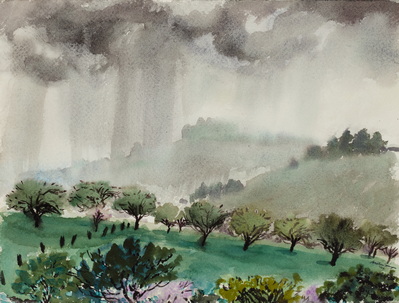 Sudden Rain Over Orchard in Trier, Germany (Cloudburst)