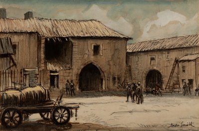 Barnyard, Cart And Soldiers