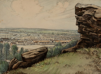 Rock Formations on Hill with Village Below
