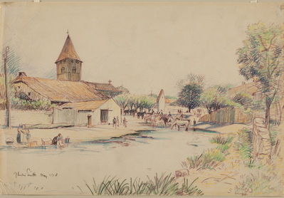 Stream Through Village With Horses
