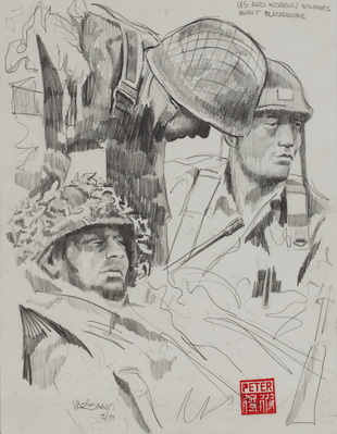 US and Korean Soldiers Await Blackhawks