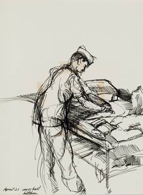 Sketch of Korean Baker in Mess Hall Kitchen