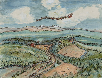 Santa and His Reindeer Fly Over the Countryside