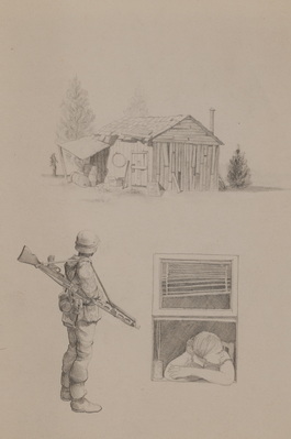 Three Sketches of Shack, Soldier and Woman Looking Out of a Window