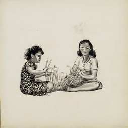 Drawing, Untitled (Two girls weave a basket)