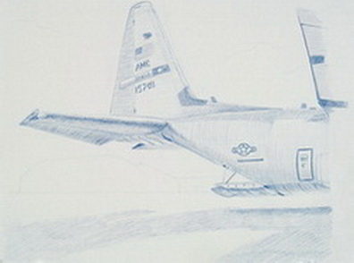 Untitled (2 separate pages; together are 1 drawing of USAF plane with back hatch open)