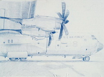 Untitled (2 separate pages; together are 1 drawing of USAF plane with back hatch open)