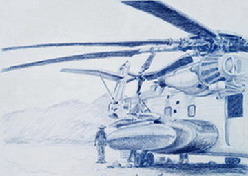 Untitled (2 separate pages; together are 1 drawing of a helicopter with Marine standing behind)