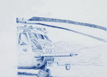 Untitled (2 separate pages; together are 1 drawing of a helicopter with Marine standing behind)