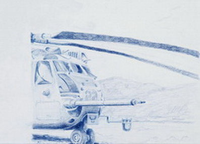 Untitled (2 separate pages; together are 1 drawing of a helicopter with Marine standing behind)