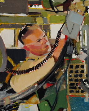Painting of S/Sgt Vince Meier adjusting the radio in a Humvee