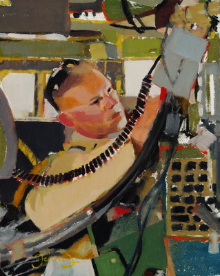 Painting of S/Sgt Vince Meier adjusting the radio in a Humvee