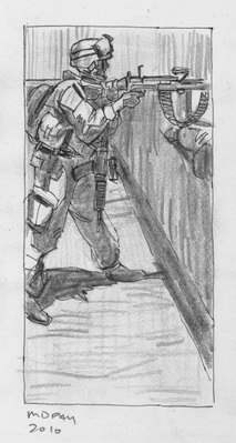 Untitled (Marine with Gun on top of a wall)