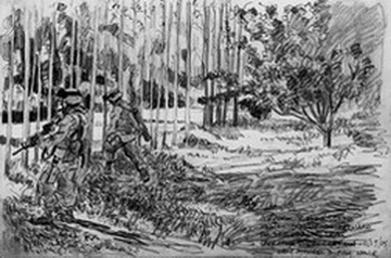 Corporal Jeremiah D. Koppes Squad pushes through an orchard