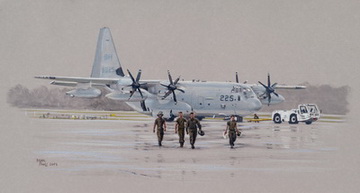 Untitled (Four Marines head back to hangar from air craft VMGR-252)