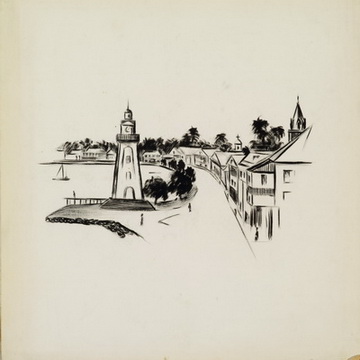 Drawing, Untitled (Samoan village and lighthouse)