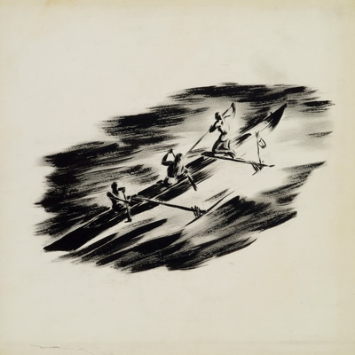 Drawing, Untitled (Three figures paddle a boat in a river)