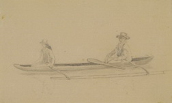 Two Tahitian men in a Canoe