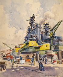 USS NEVADA IN DRYDOCK: LOOKING 