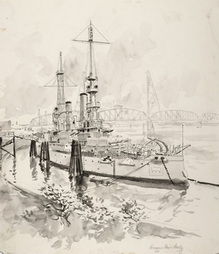USS OREGON AT WEST END OF HAWTHORNE BRIDGE