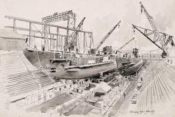 USS NARWHAL (LEFT) AND POMPANO IN DRYDOCK