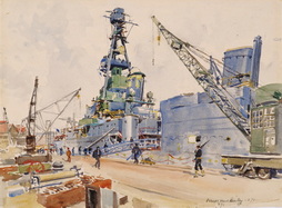 BATTLESHIP TIED UP AT PIER (USS CHICAGO)