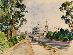 THE DOCKS WITH CARGO SHIP IN THE BACKGROUND