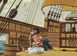 SAILOR DRINKING ON DECK OF A SHIP