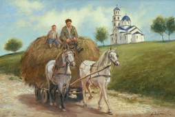 Farmer and Son Drive The Hay Wagon Home