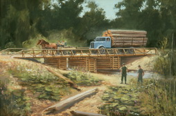 Wagon and Lumber Truck cross Bridge