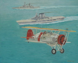 Navy Biplane Flys Over Aircraft Carriers