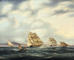 Sailing Vessels, Lighthouse in Background