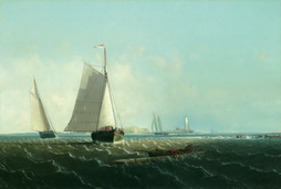 Sloops Near Shore, Lighthouse in Background