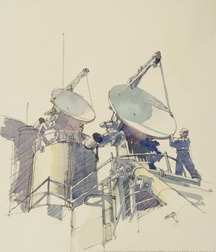 Crewman Adjusts Dish Antennas, USS Sellers