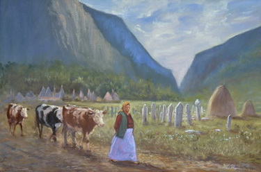 A Muslim Woman Walking her Cows to the Field