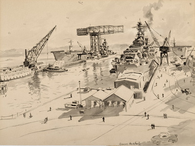 GROUP OF SHIPS AT PIERS 5 & 6 WITH USS IDAHO IN FOREGROUND