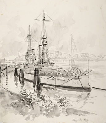 USS OREGON AT WEST END OF HAWTHORNE BRIDGE