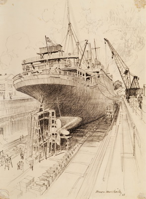 British Armed Ship in Drydock Stern View Alaunia