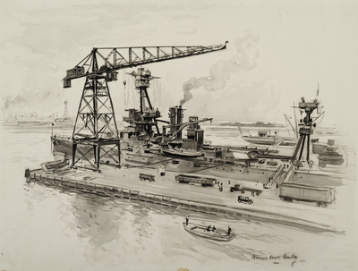 Battleship New York at Dock with Crane in Foreground