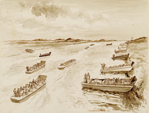 The Landing Boats Maneuvering in the Inland Waterway